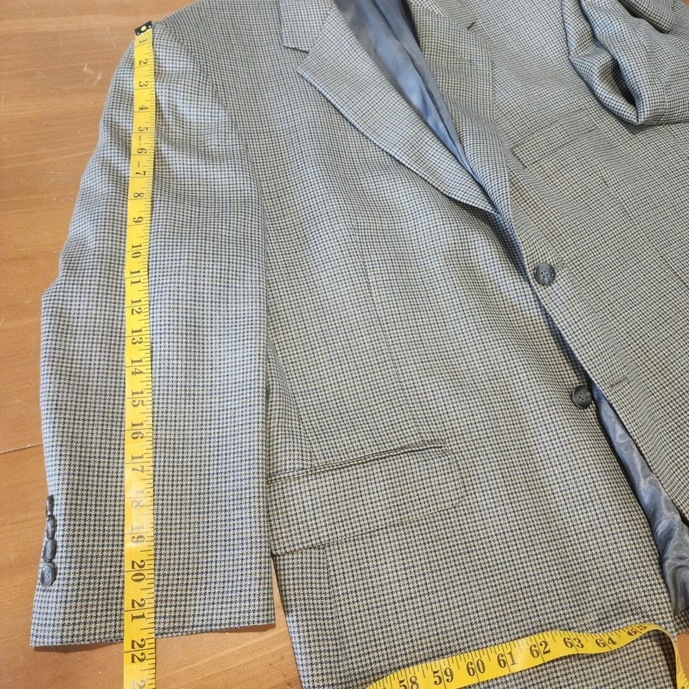 Andrew Fezza Houndstooth Blazer 46S Tan Blue Silk Wool Sport Coat Casual Vintage
